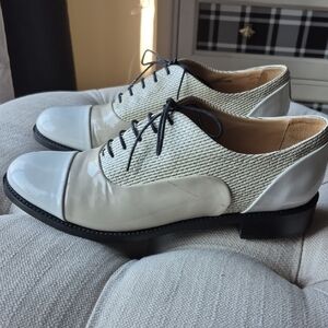 The Office Of Angela Scott White/Tan/Black Patent Wingtips Sz. 40/9 Retail $650